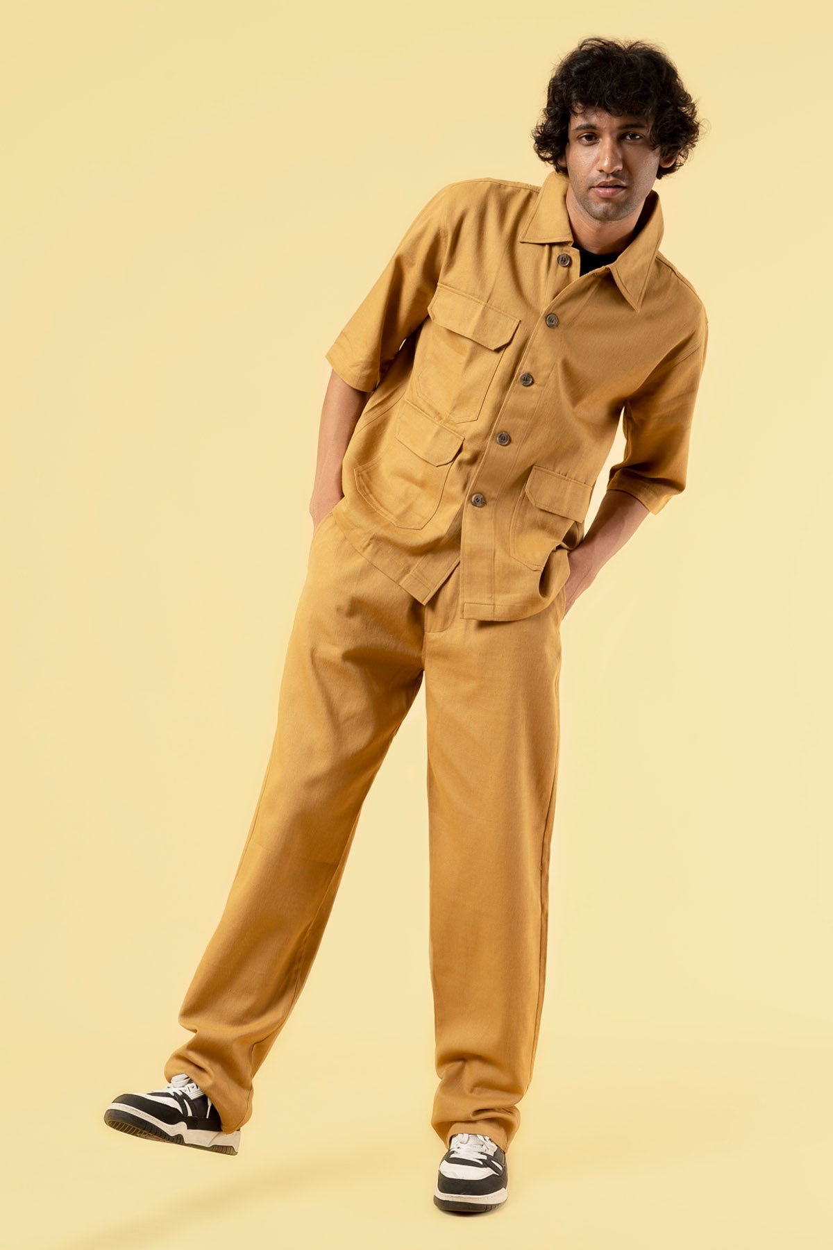 Brown Cotton Twill Shacket Set For Men online