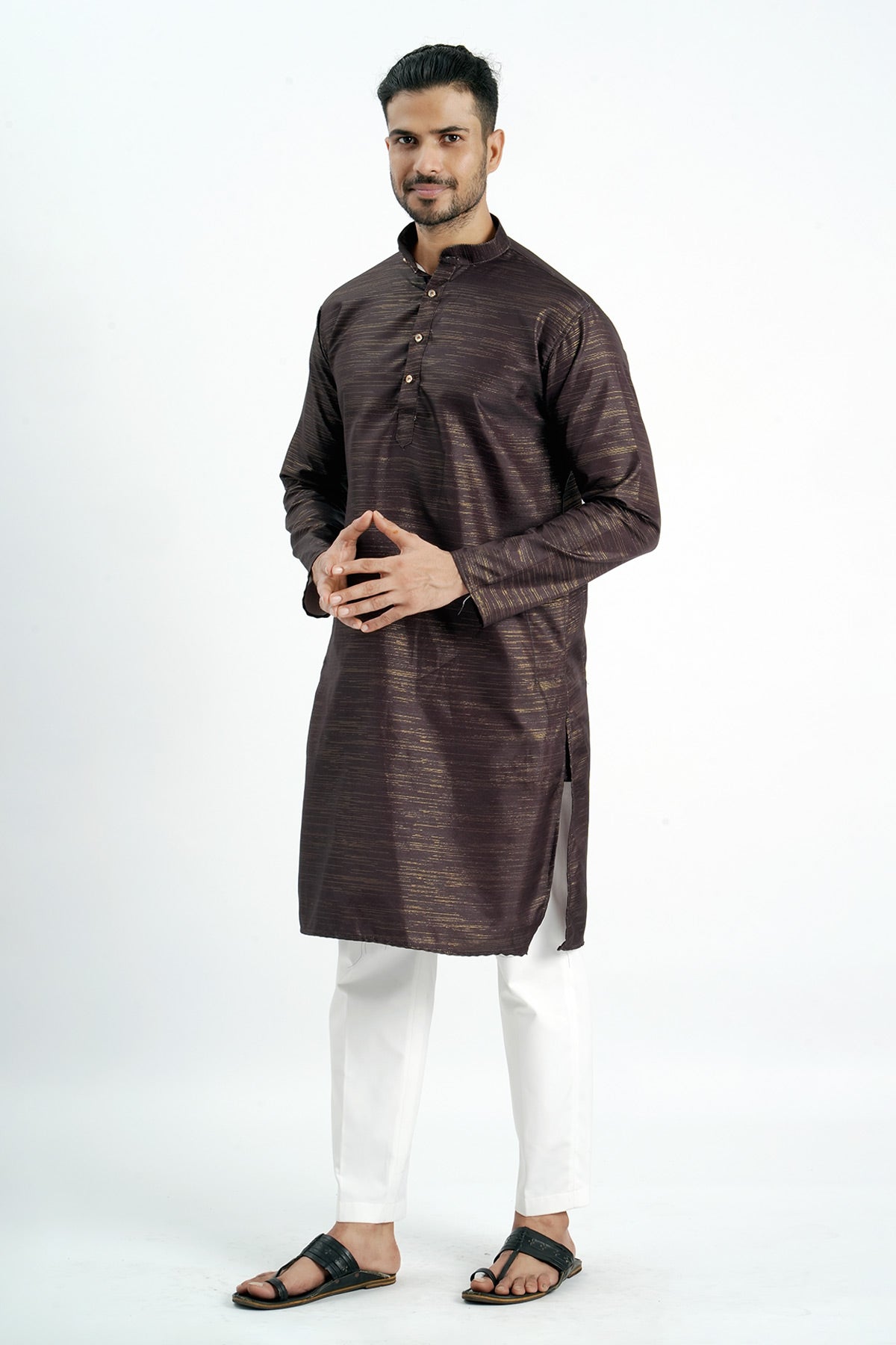 Brown Cotton Zari Worked Kurta