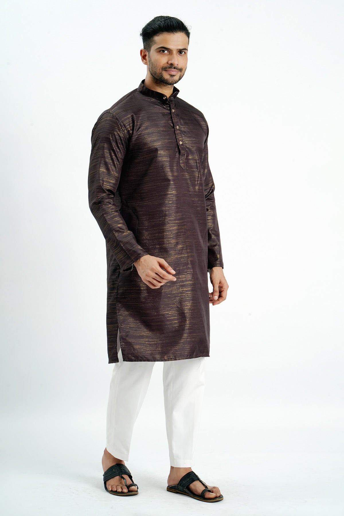 Brown Cotton Zari Worked Kurta