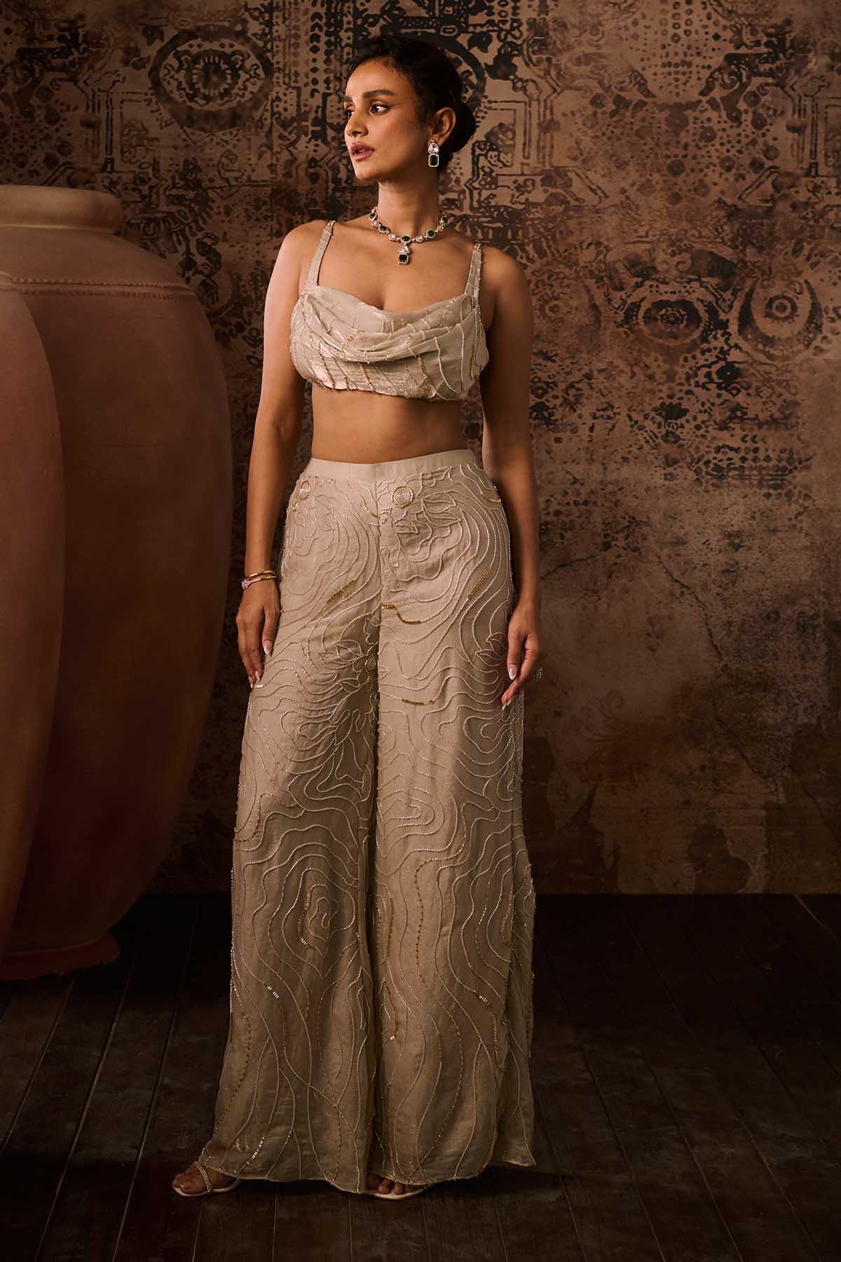 Brown Cowl Top & Straight Pants