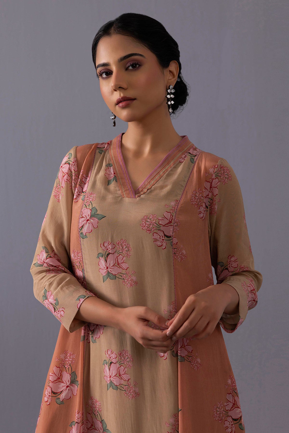 Brown Crepe Floral Kurta Set