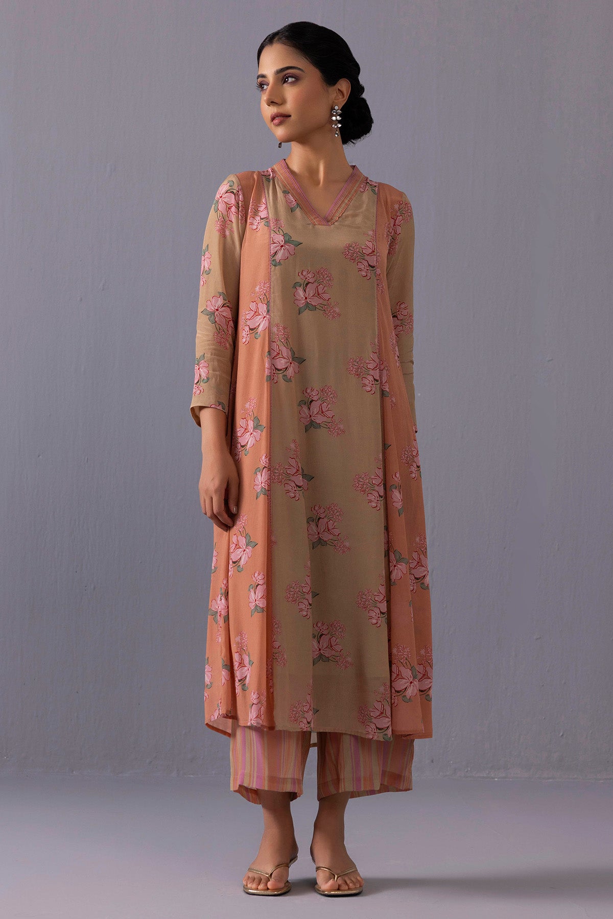 Brown Crepe Floral Kurta Set