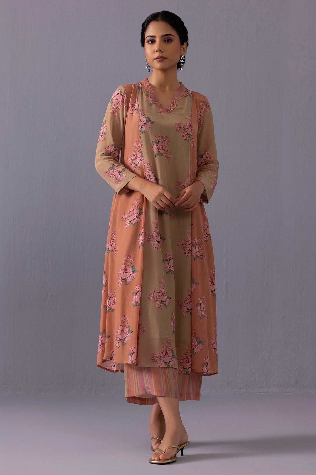 Brown Crepe Floral Kurta Set