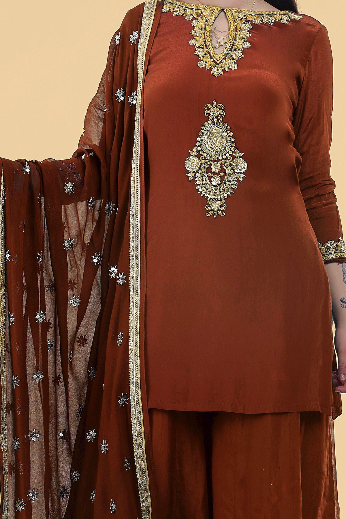Brown Crepe Sequins Kurta Set