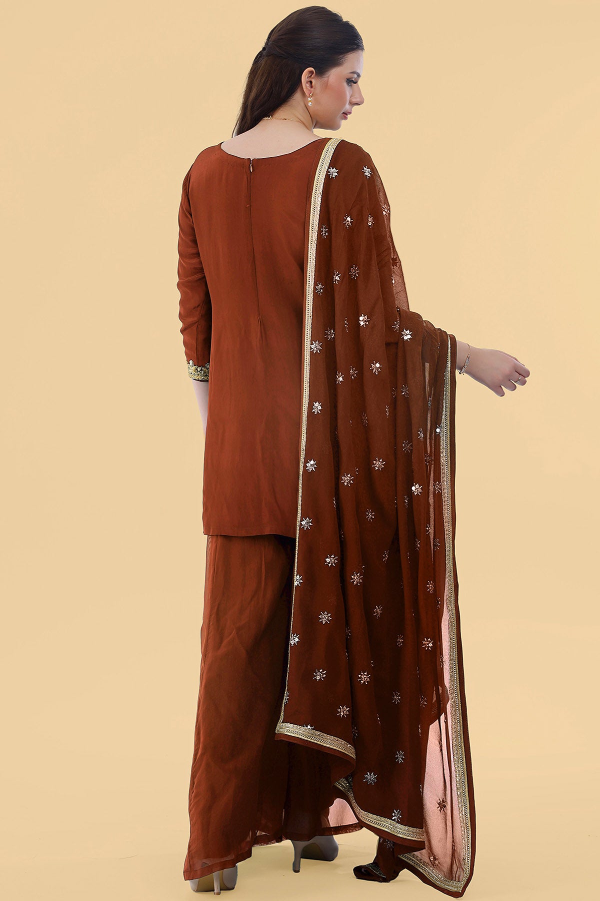 Brown Crepe Sequins Kurta Set