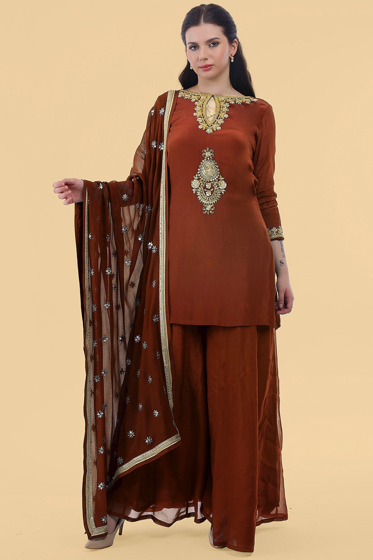 Buy Brown Crepe Sequins Kurta Set for women by Milu Madan online available at scrollnshops