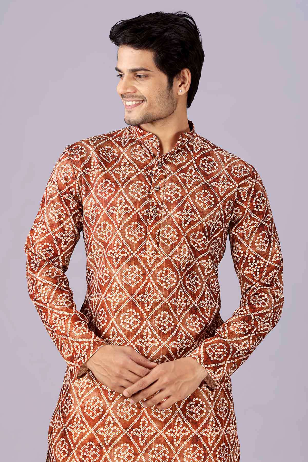 Buy Brown Crochet Bandhani Kurta for women by Priyanka Jain online available at scrollnshops
