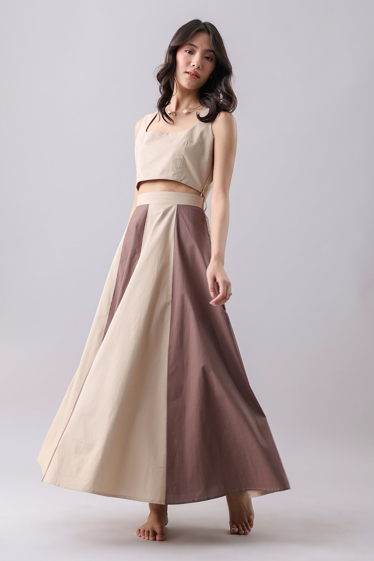 Brown Crop Top & Flared Skirt
