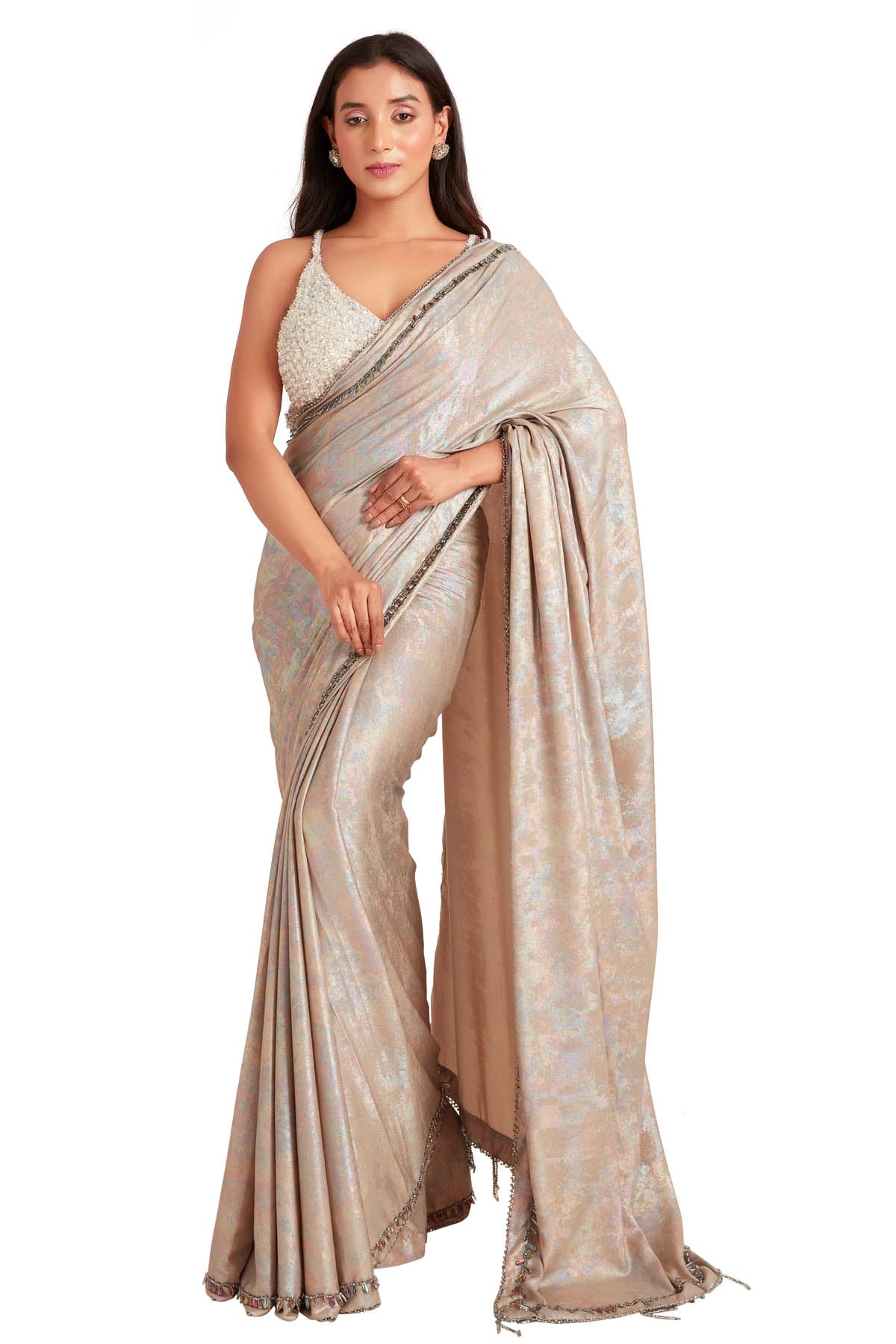 Vastra by Mala Munde Brown Crystal Embroidered Saree for women online at ScrollnShops