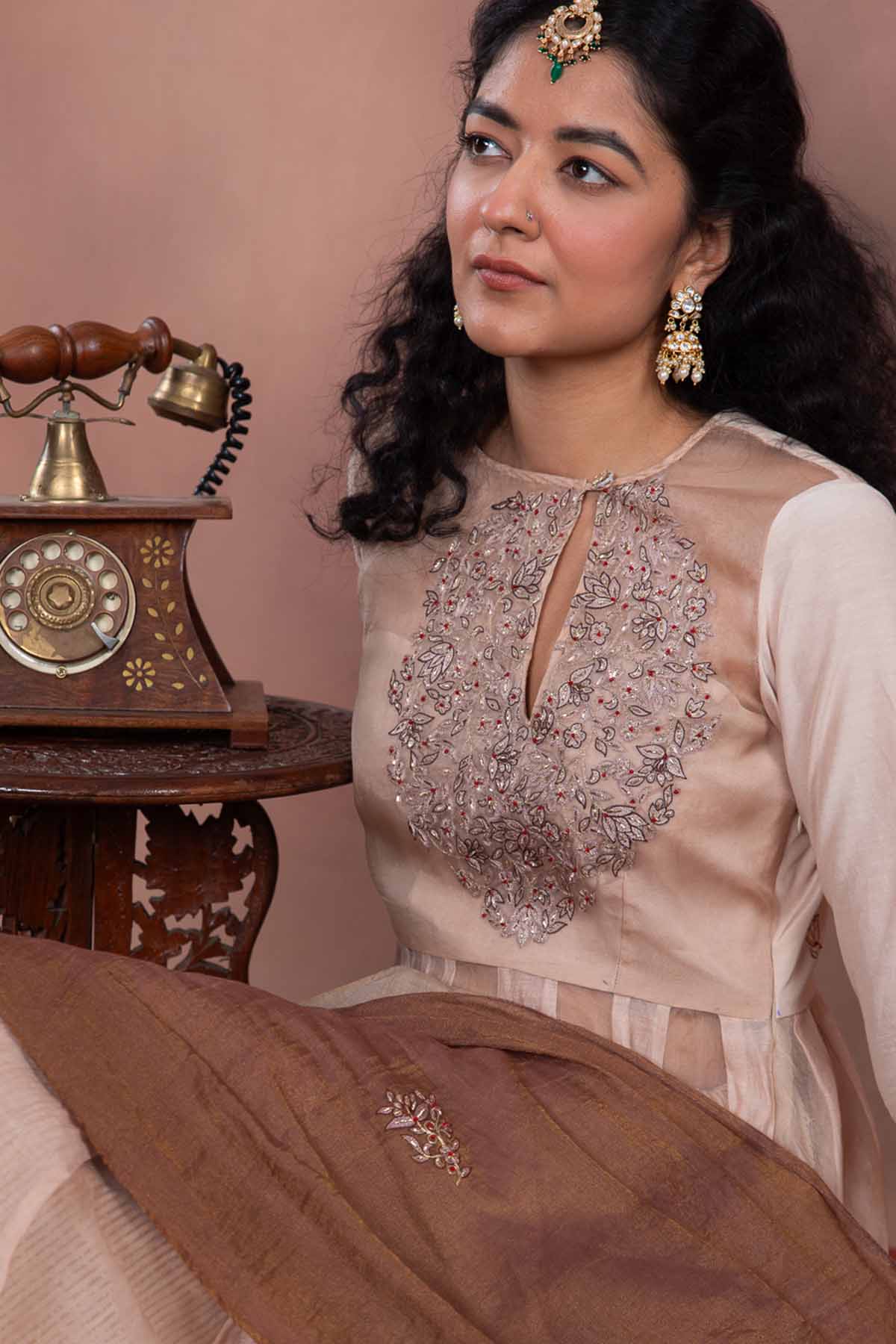Brown Dabka Zardosi Anarkali Set
