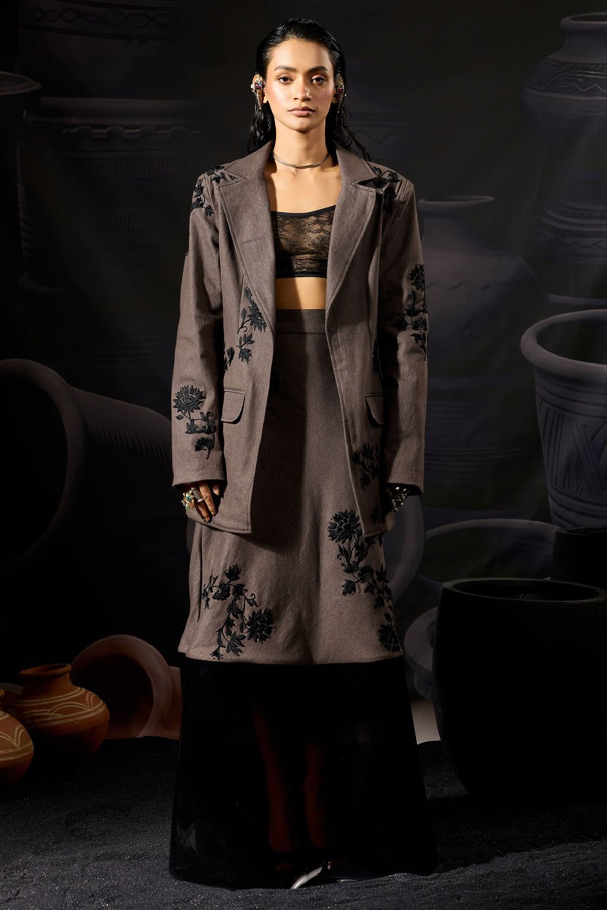 Brown Denim Embroidered Blazer