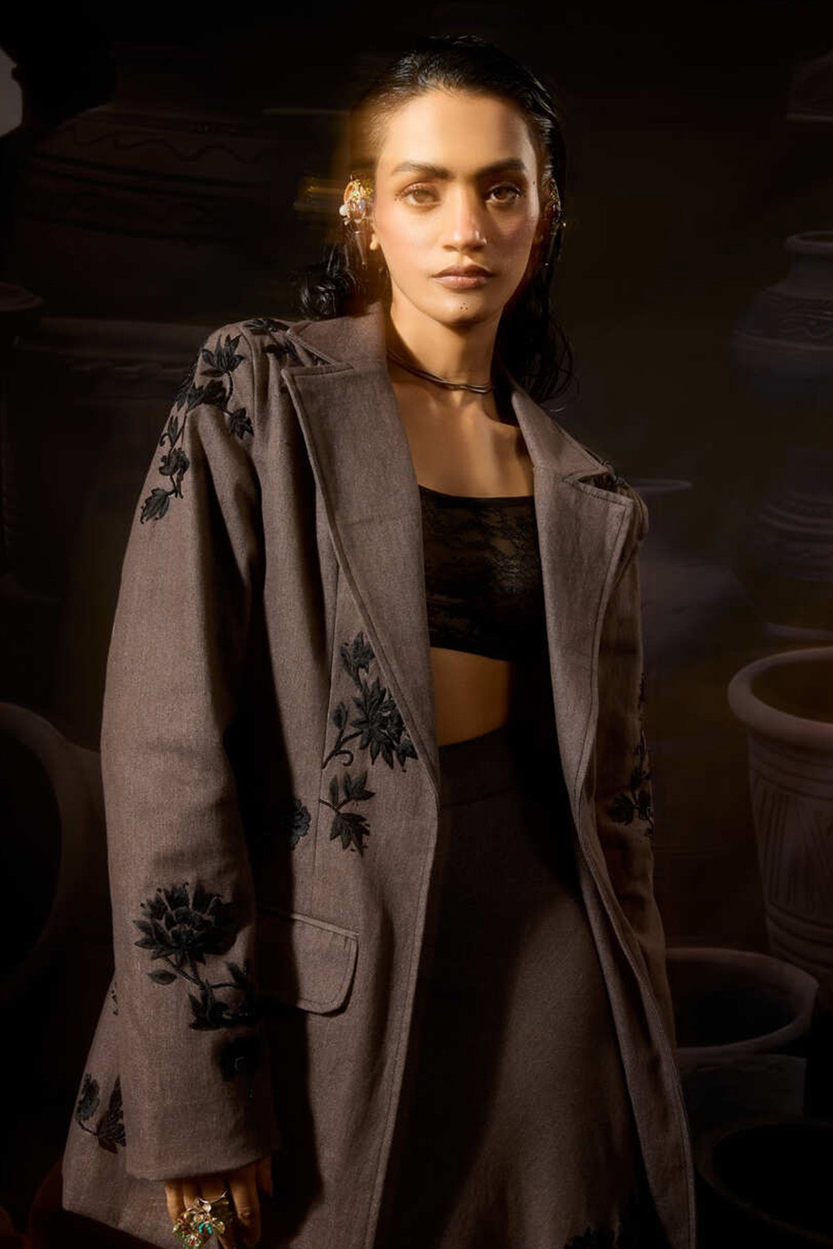 Brown Denim Embroidered Blazer