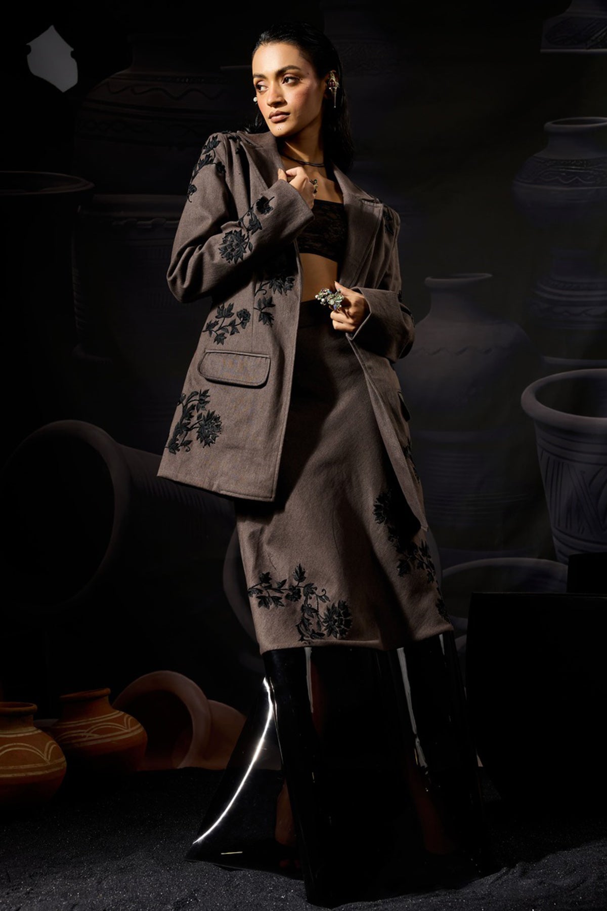 Brown Denim Embroidered Blazer