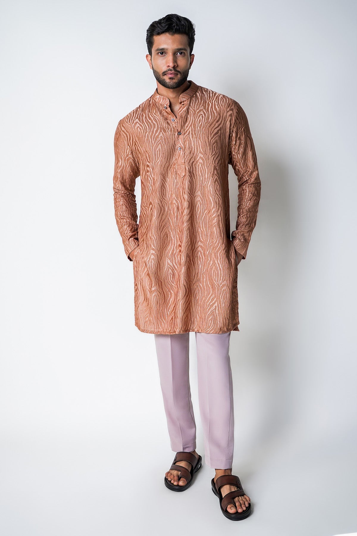 Buy Brown Dola Silk Kurta & Pants for men by House of Sheriff online available at scrollnshops