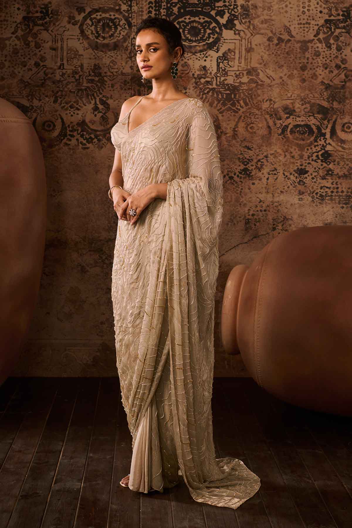 Brown Embroidered Blouse & Saree