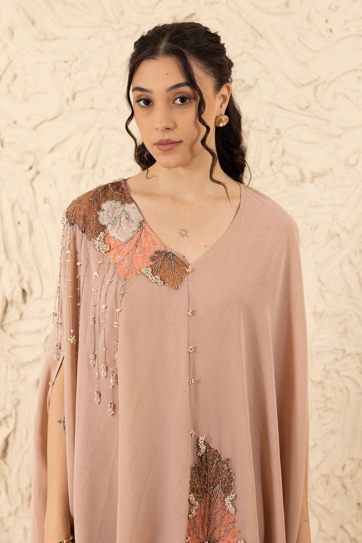 Brown Embroidered Cape & Pants