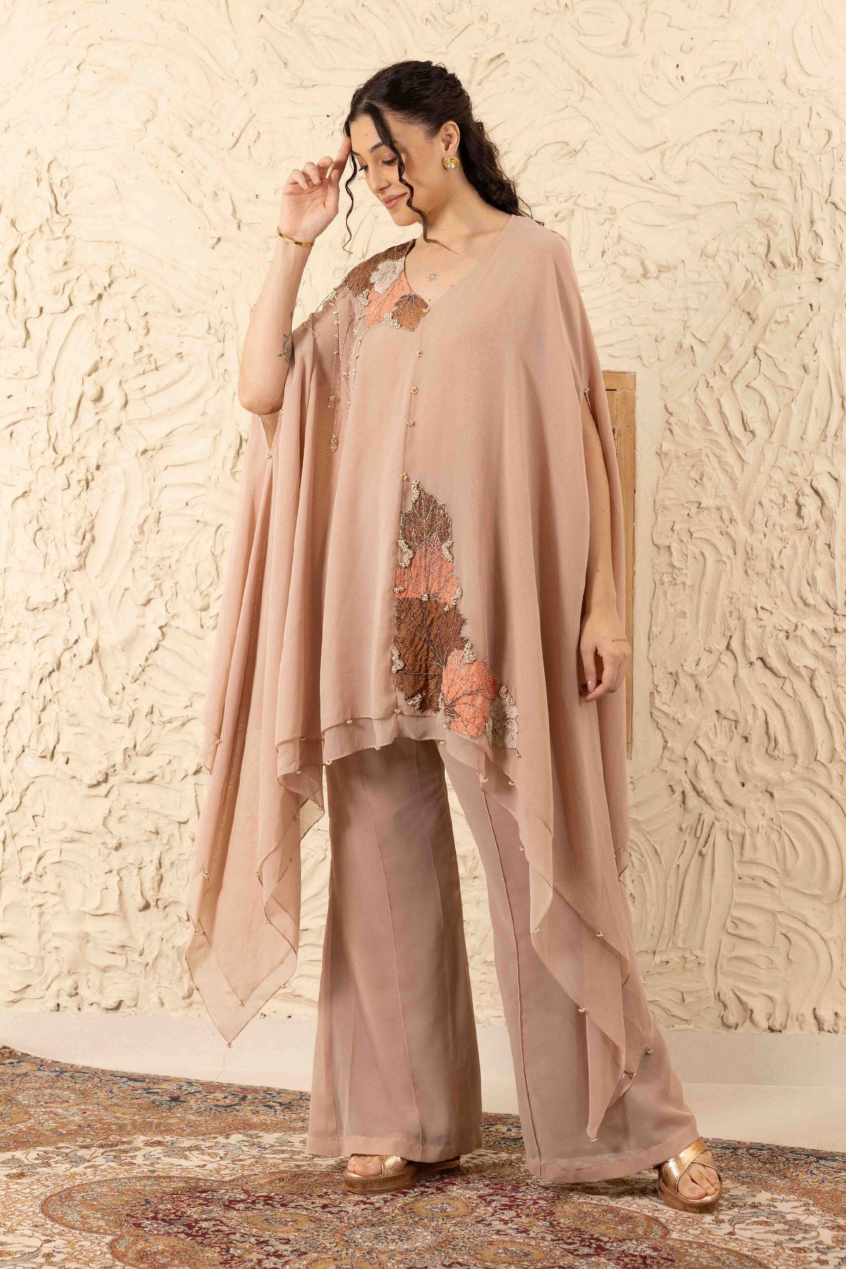 Buy Brown Embroidered Cape & Pants by Ajiesh Oberoi for women online at ScrollnShops