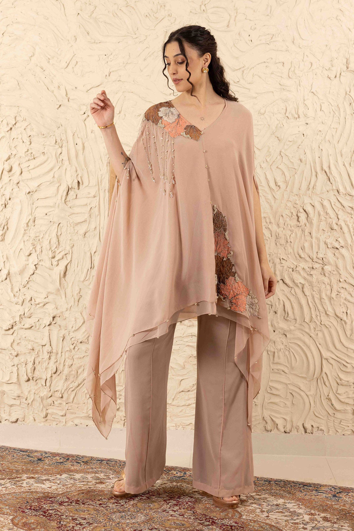 Brown Embroidered Cape & Pants