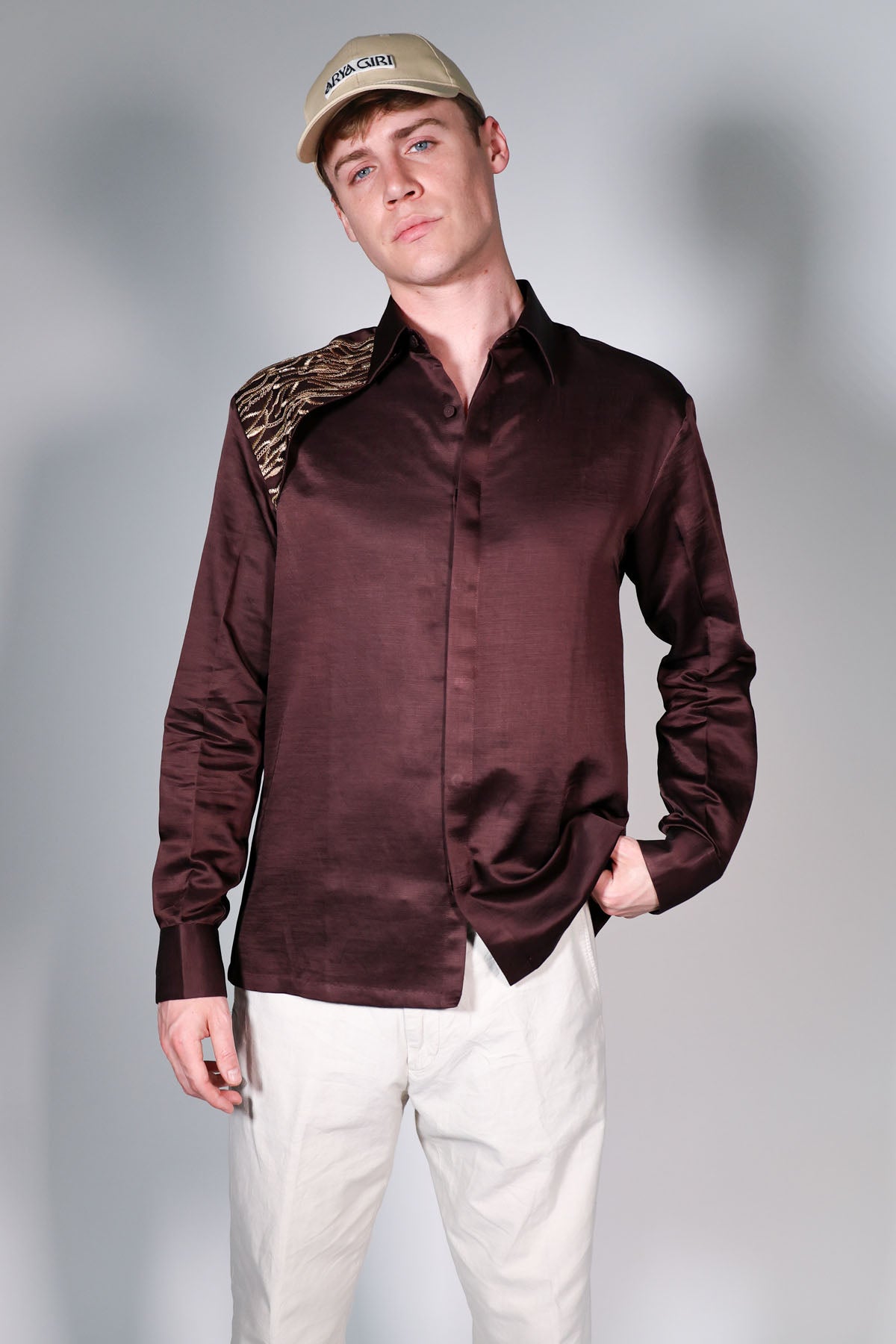 Arya Giri Brown Embroidered Collar Shirt for men online at ScrollnShops