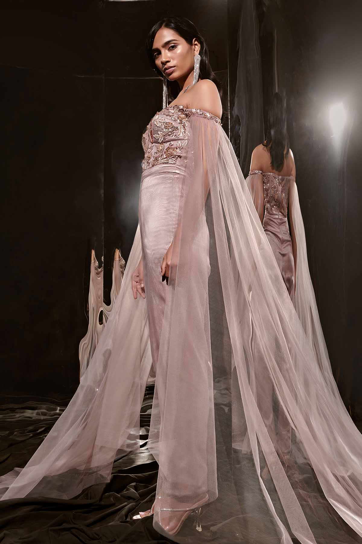 Brown Embroidered Drape Jumpsuit