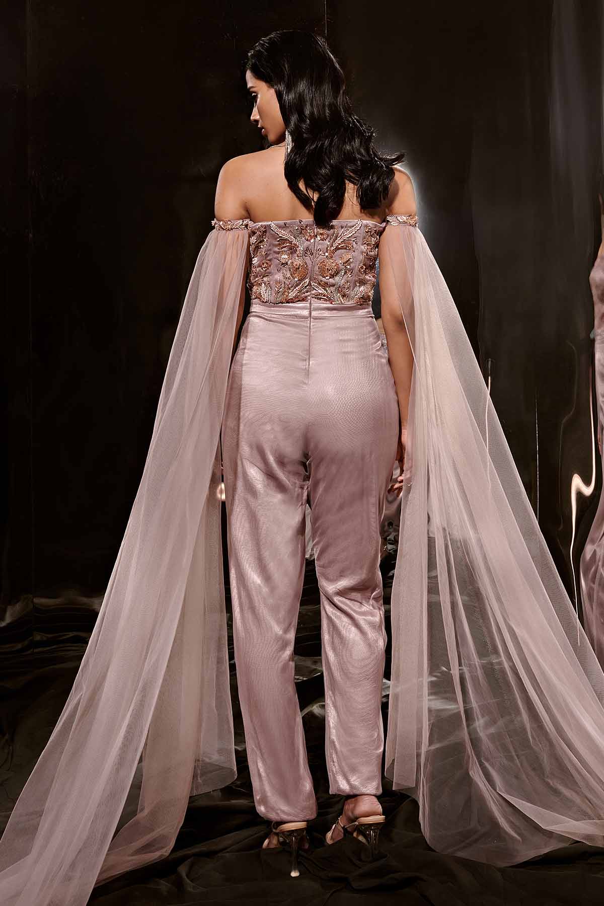 Brown Embroidered Drape Jumpsuit