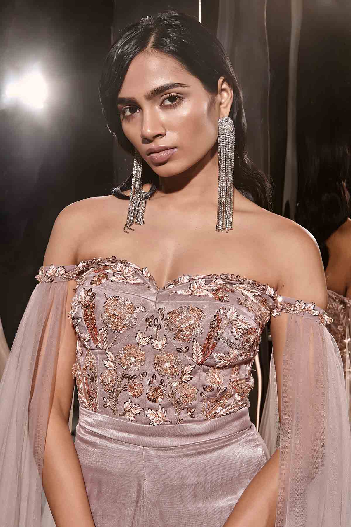 Brown Embroidered Drape Jumpsuit