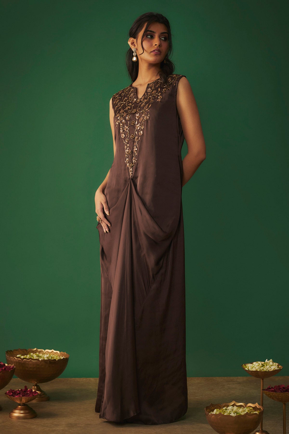 Brown Embroidered Draped Gown