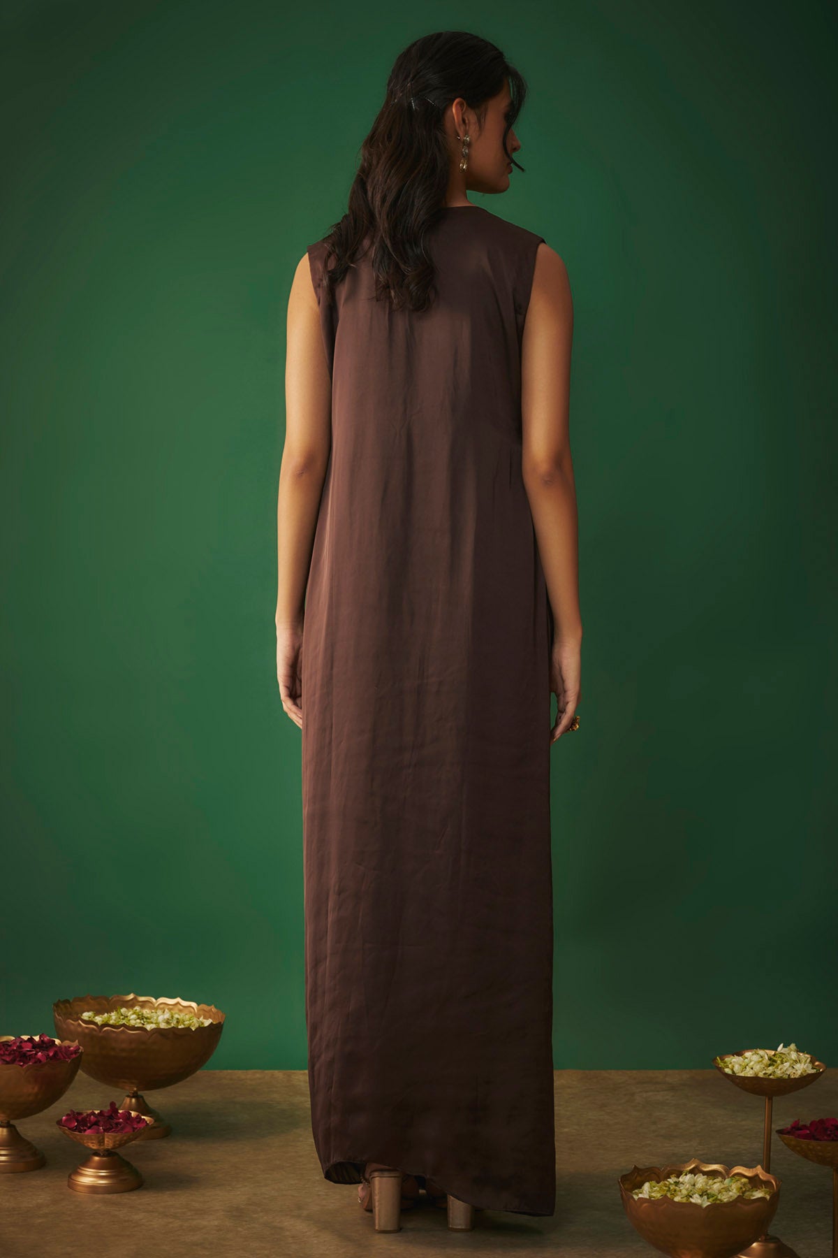 Brown Embroidered Draped Gown