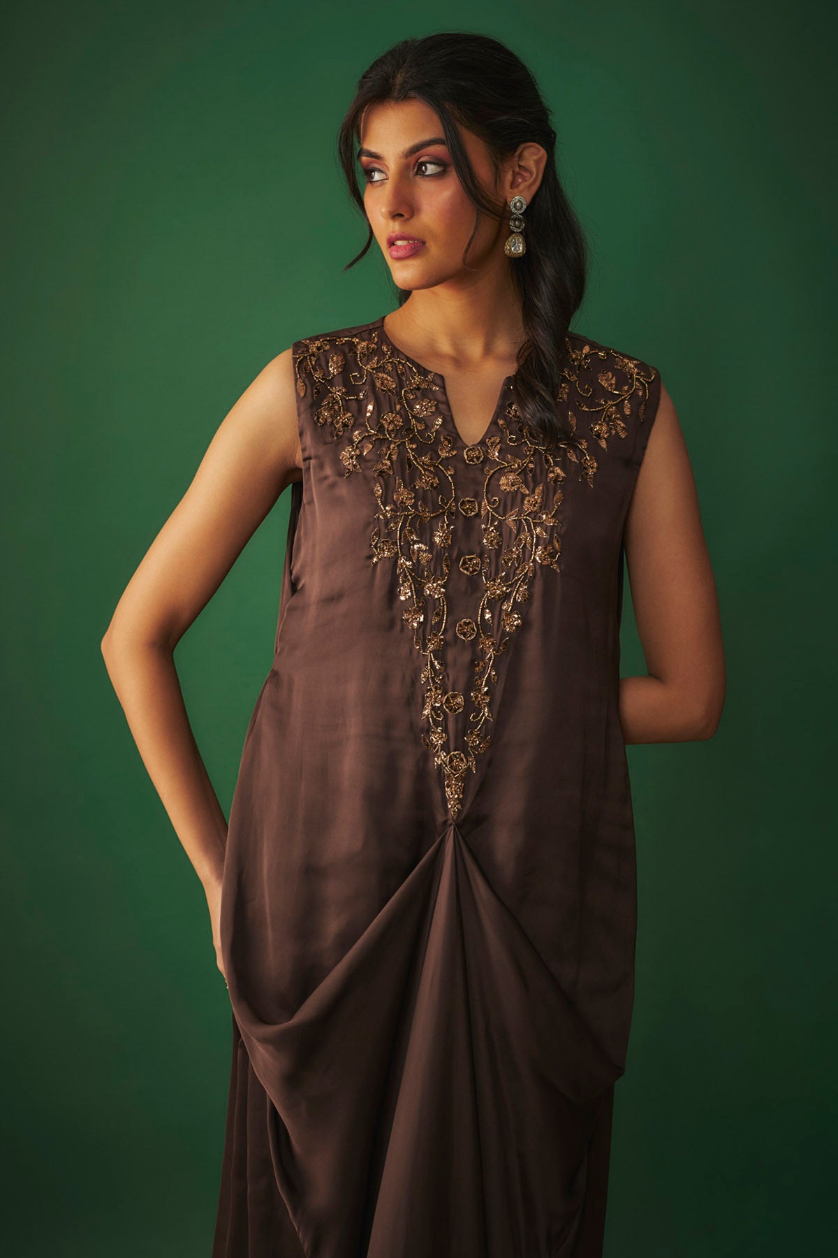Brown Embroidered Draped Gown