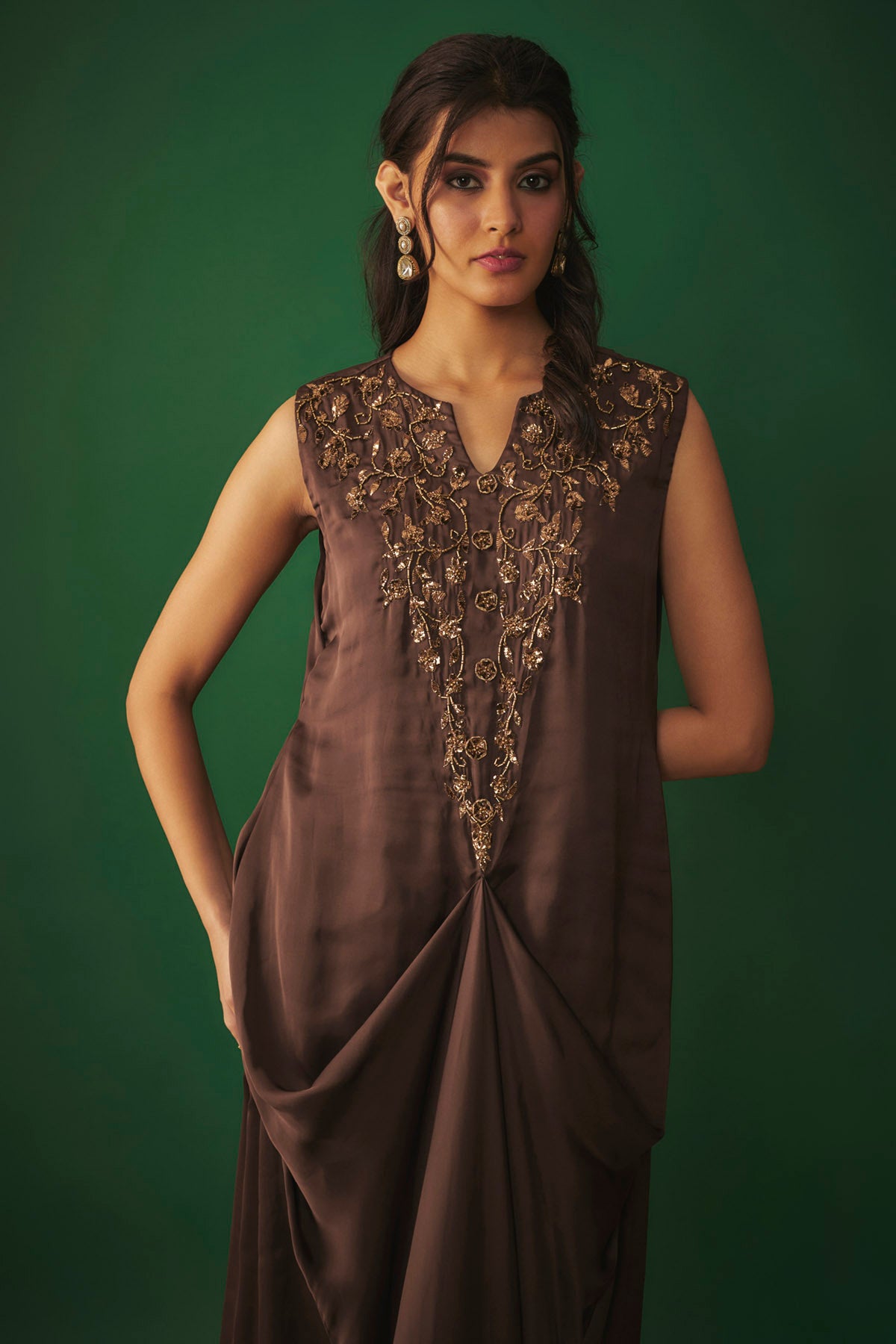 Brown Embroidered Draped Gown