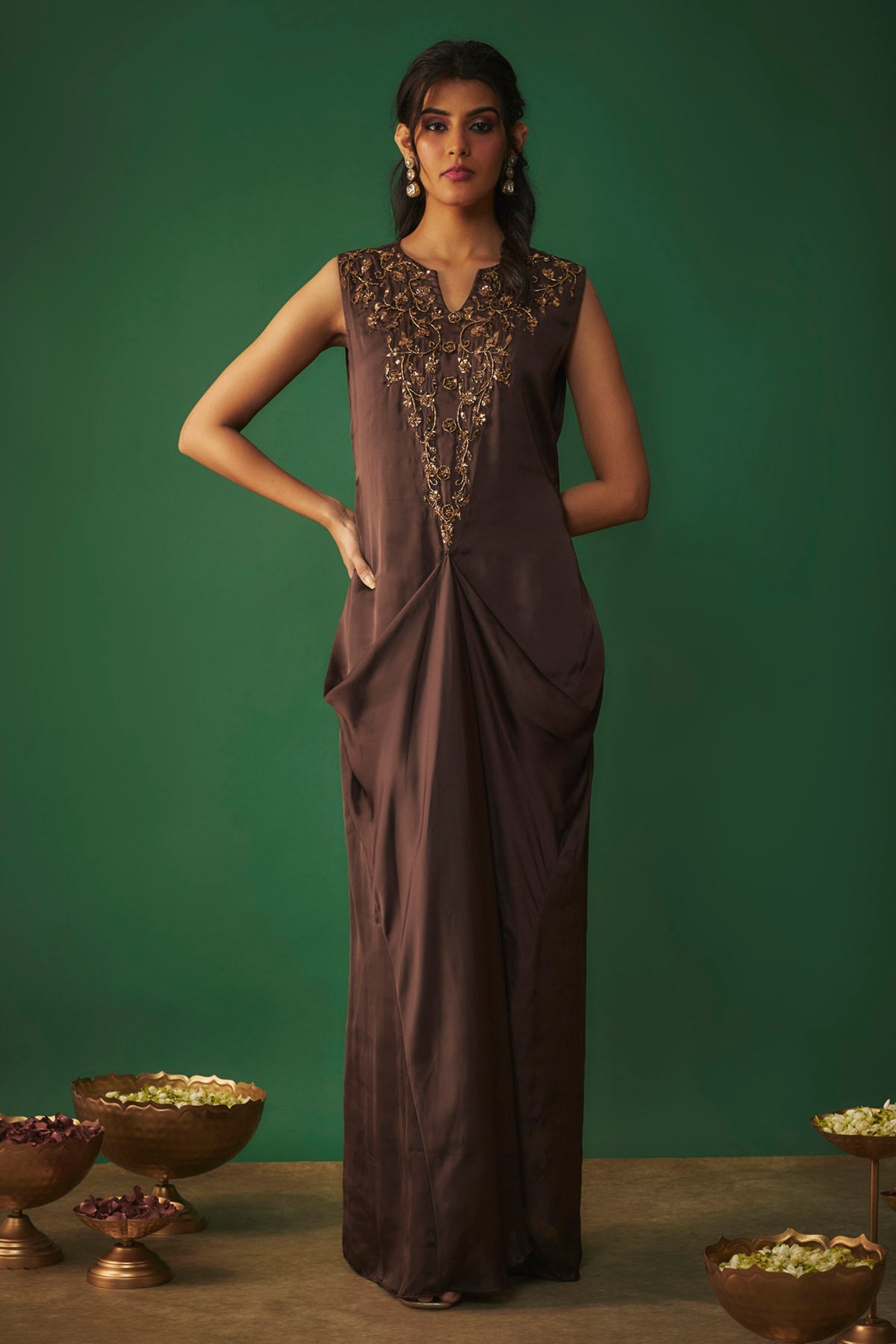 Mehak Murpana Brown Embroidered Draped Gown for Women Online at ScrollnShops