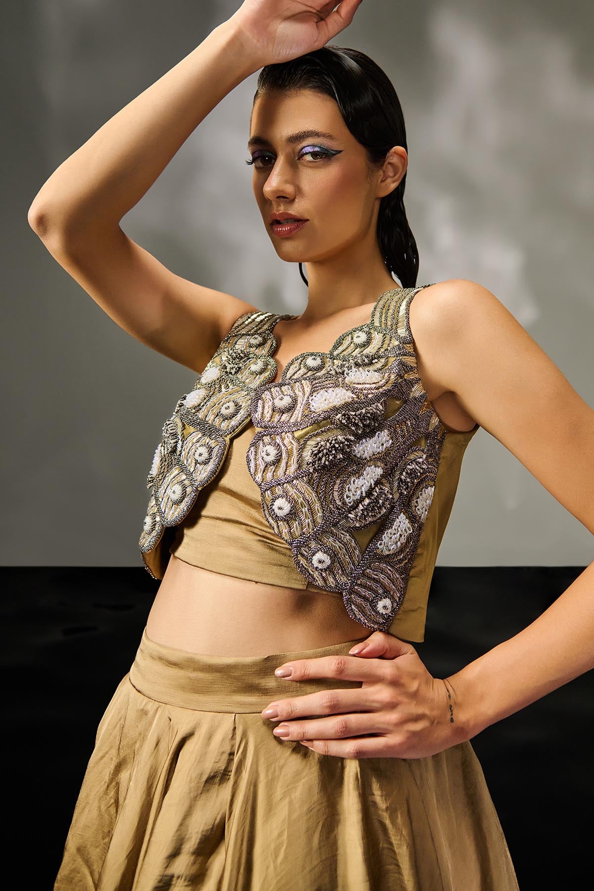 Brown Embroidered Jacket Set