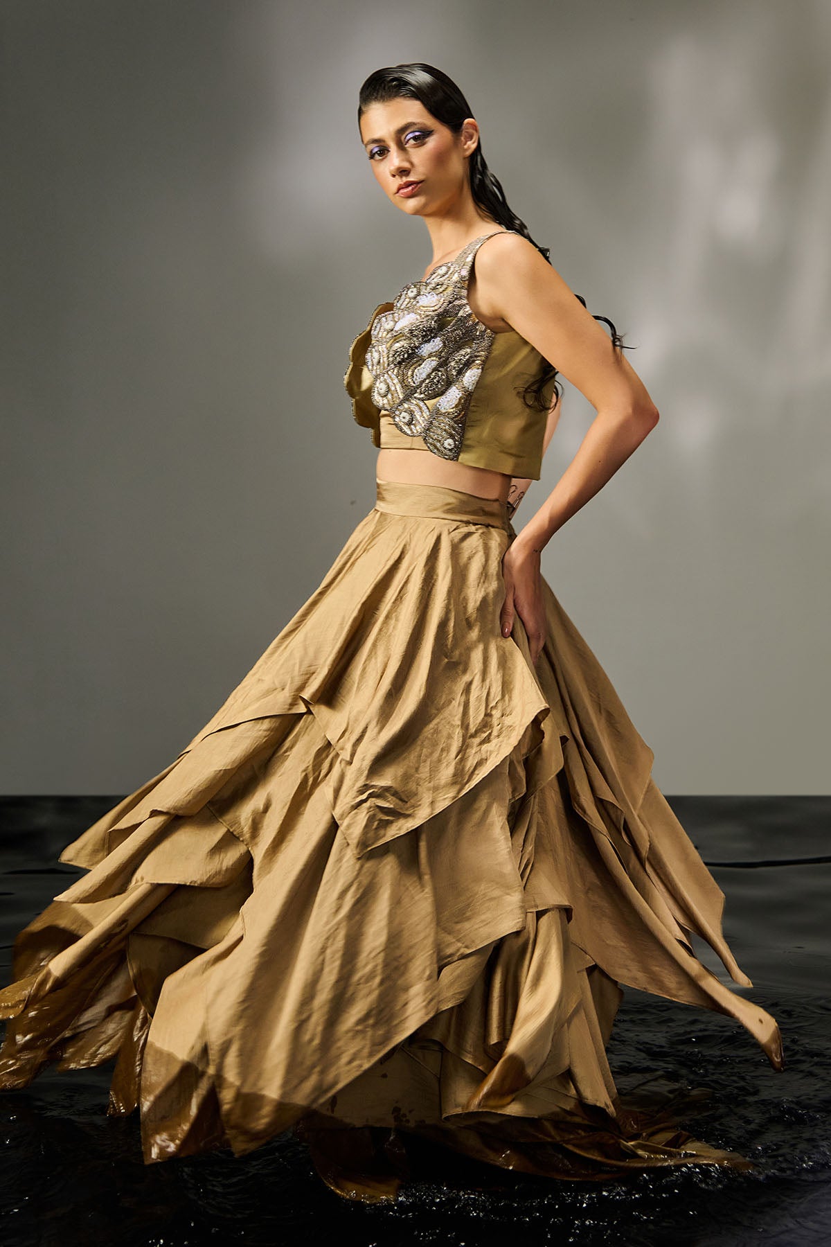 Brown Embroidered Jacket Set