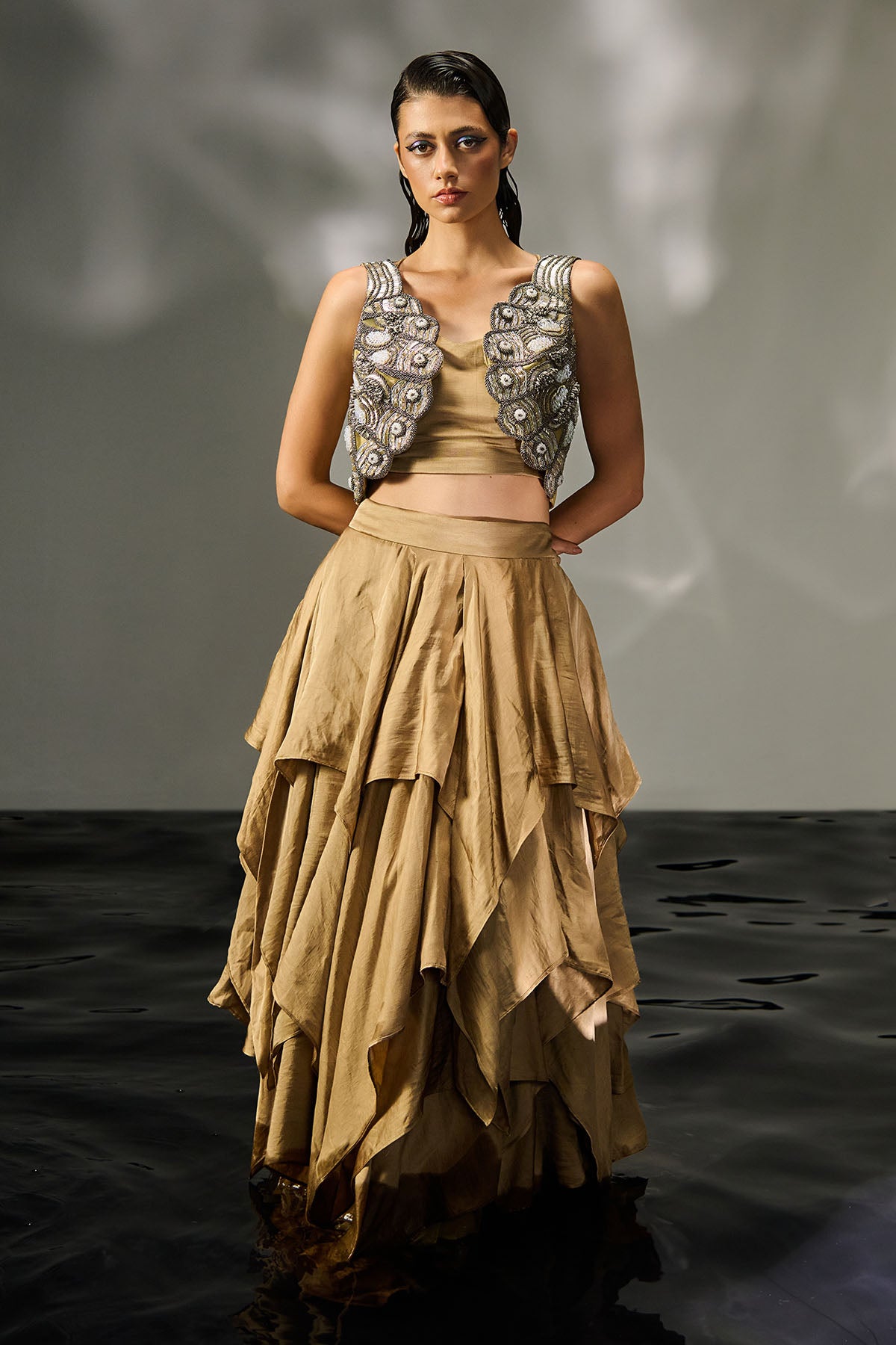 Brown Embroidered Jacket Set