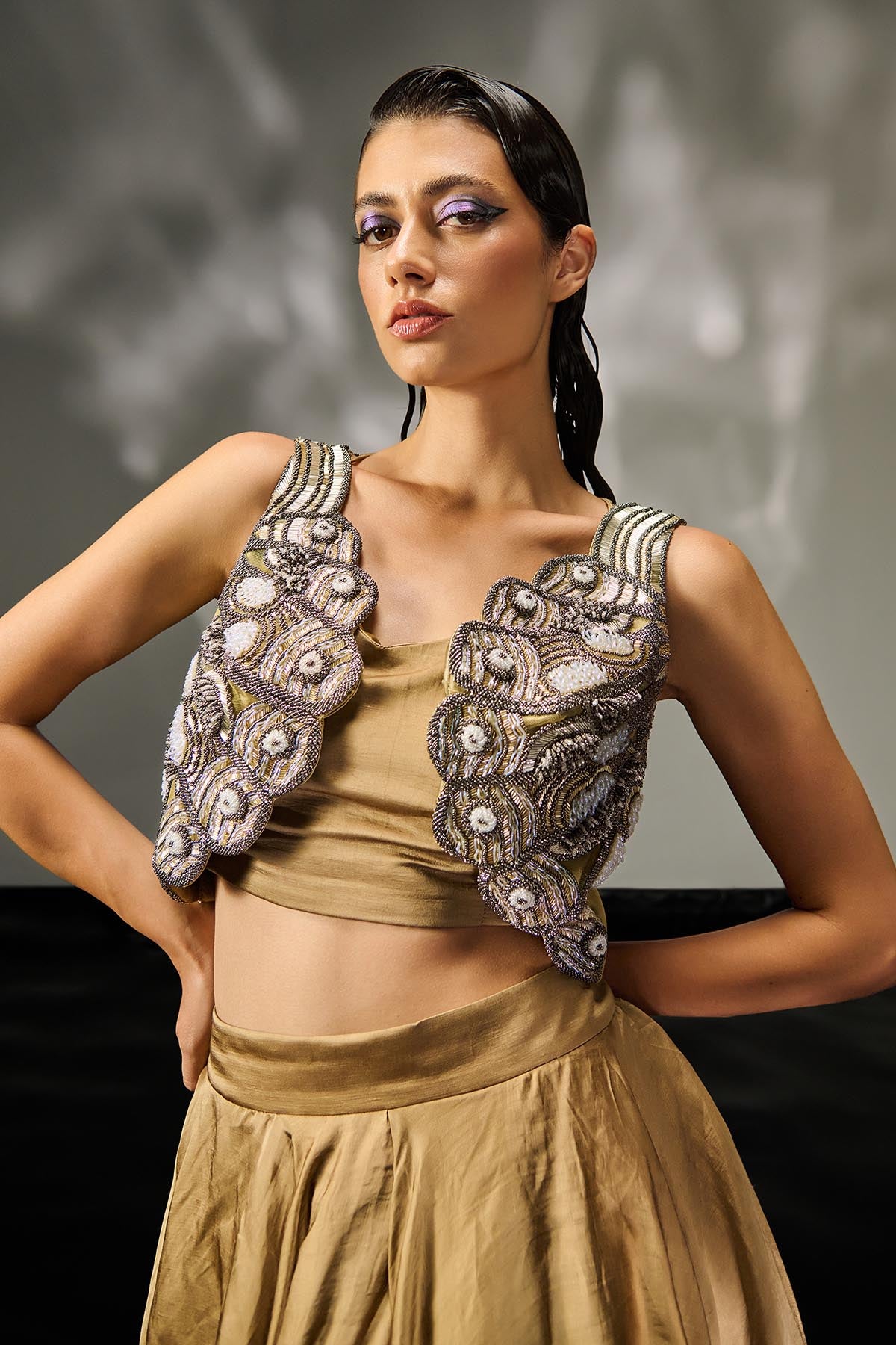 Brown Embroidered Jacket Set