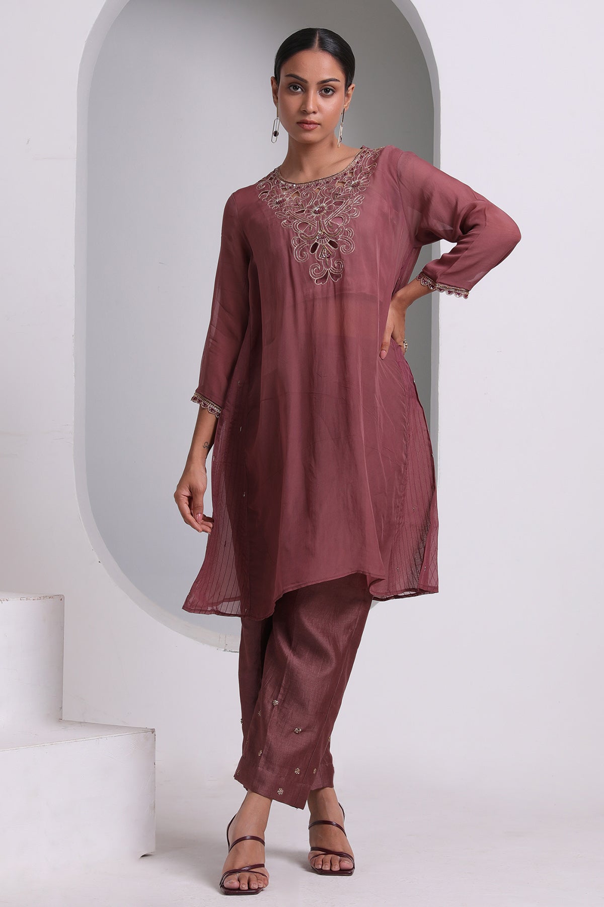 Buy Embroidered Brown Kurta & Pants by Seher Studio for women online at ScrollnShops