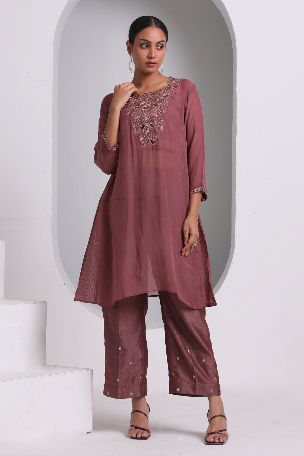 Embroidered Brown Kurta & Pants