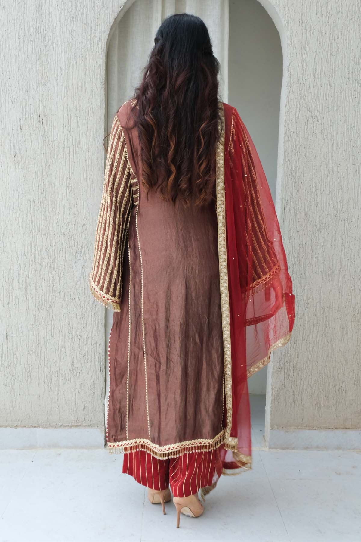 Brown Embroidered Neck Kurta Set