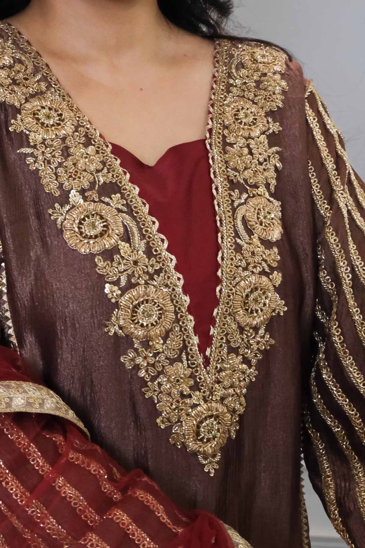 Brown Embroidered Neck Kurta Set