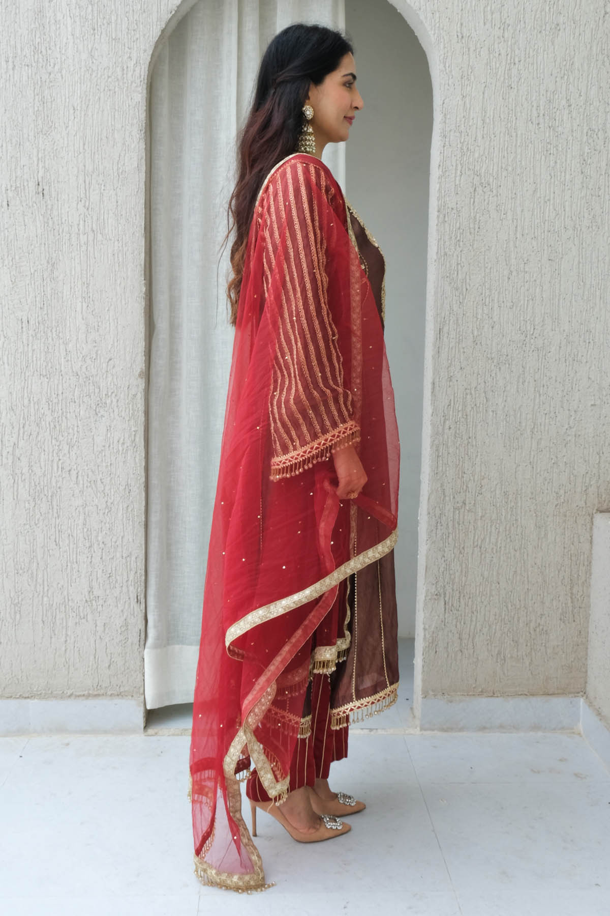 Brown Embroidered Neck Kurta Set