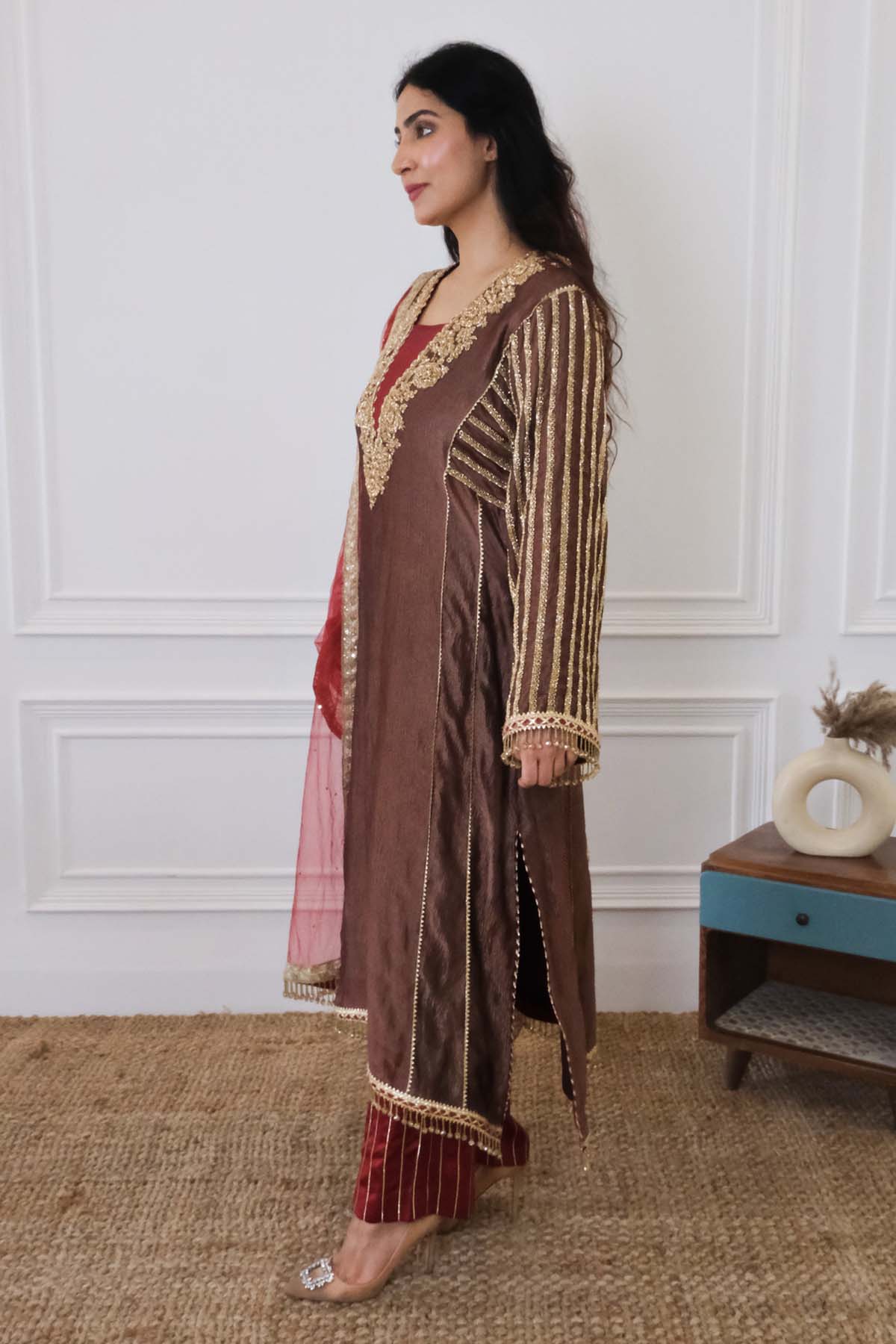 Brown Embroidered Neck Kurta Set