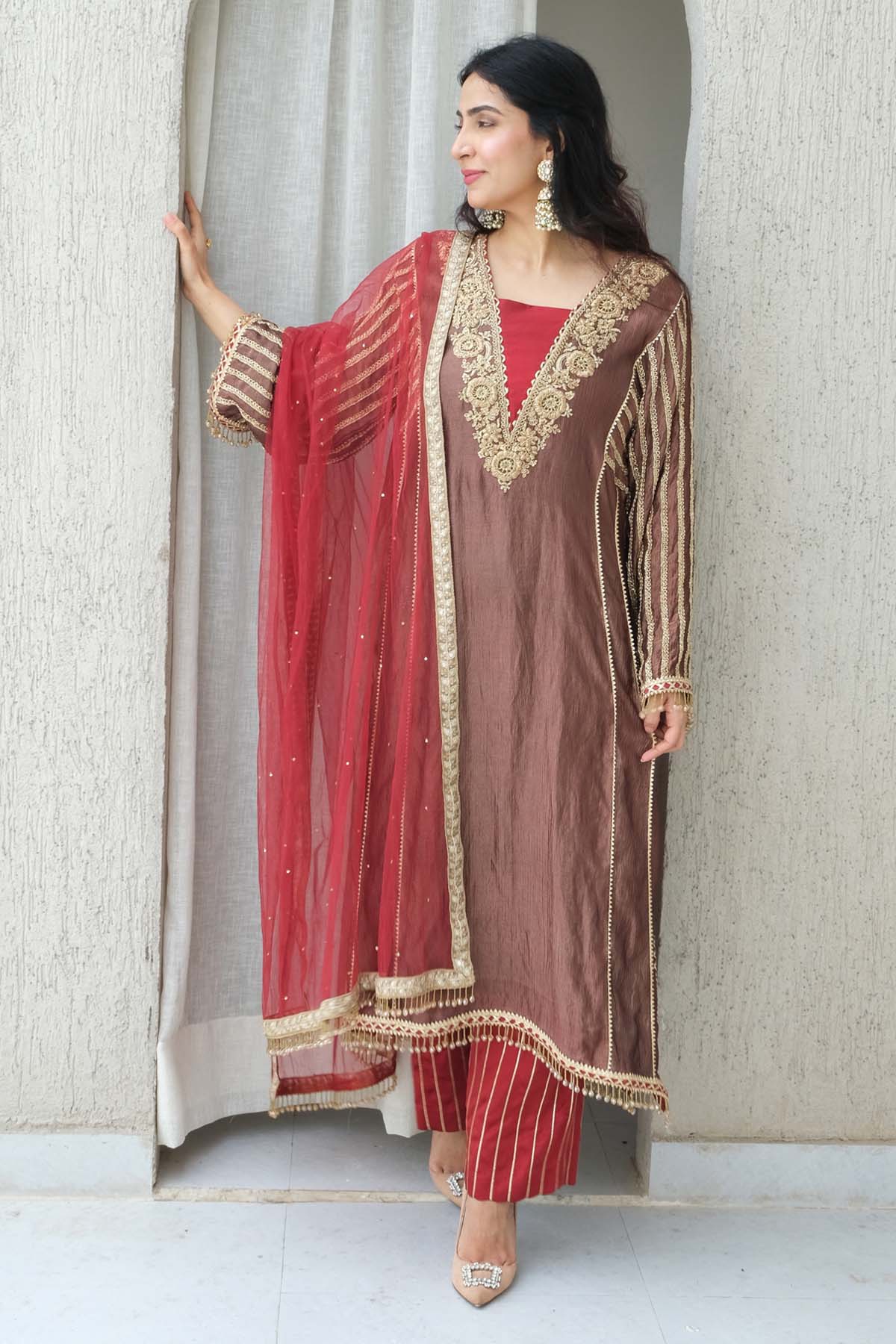 Label Pavneet Brown Embroidered Neck Kurta Set for women online at ScrollnShops