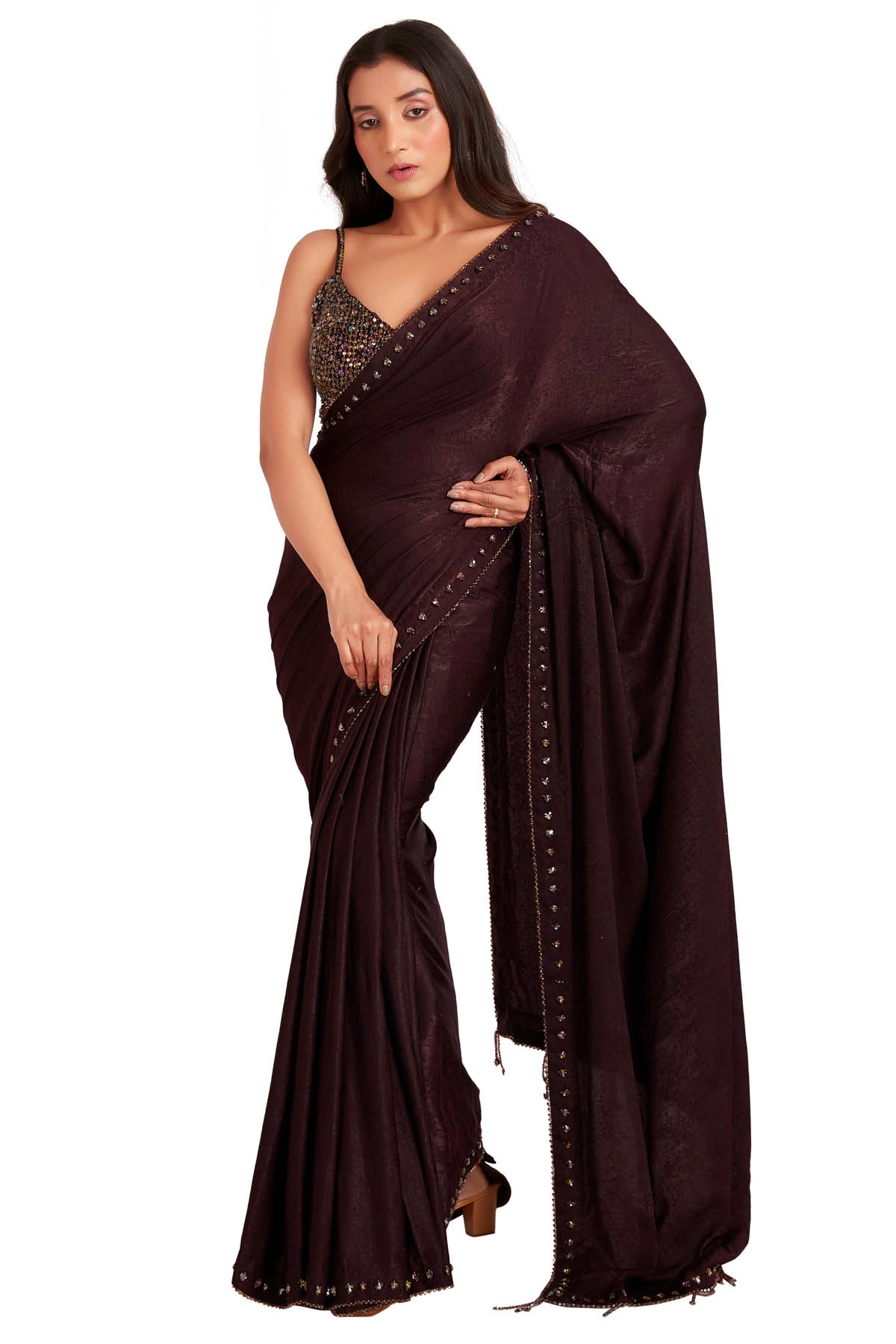 Vastra by Mala Munde Brown Embroidered Saree & Blouse for women online at ScrollnShops