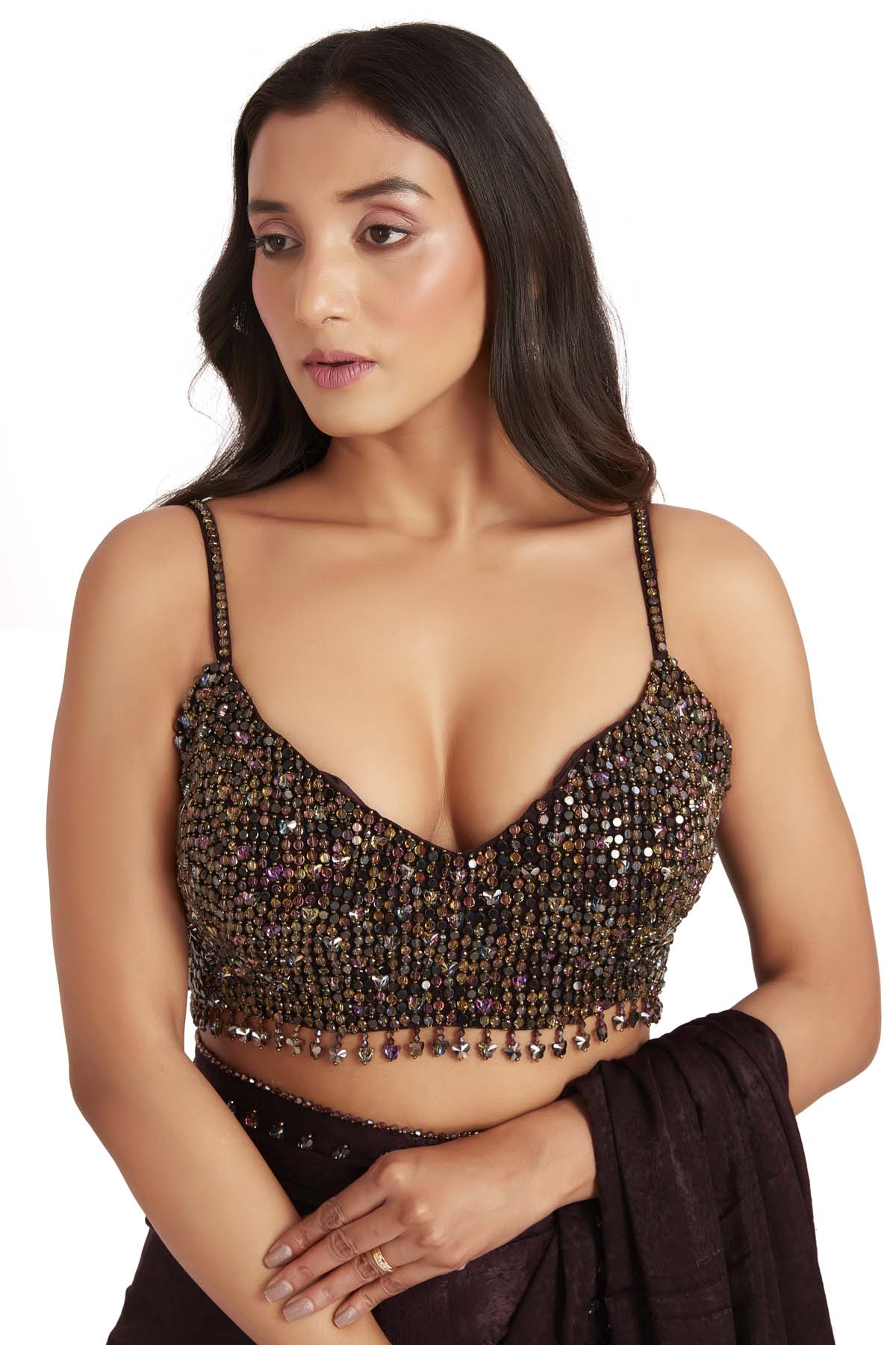 Brown Embroidered Saree & Blouse