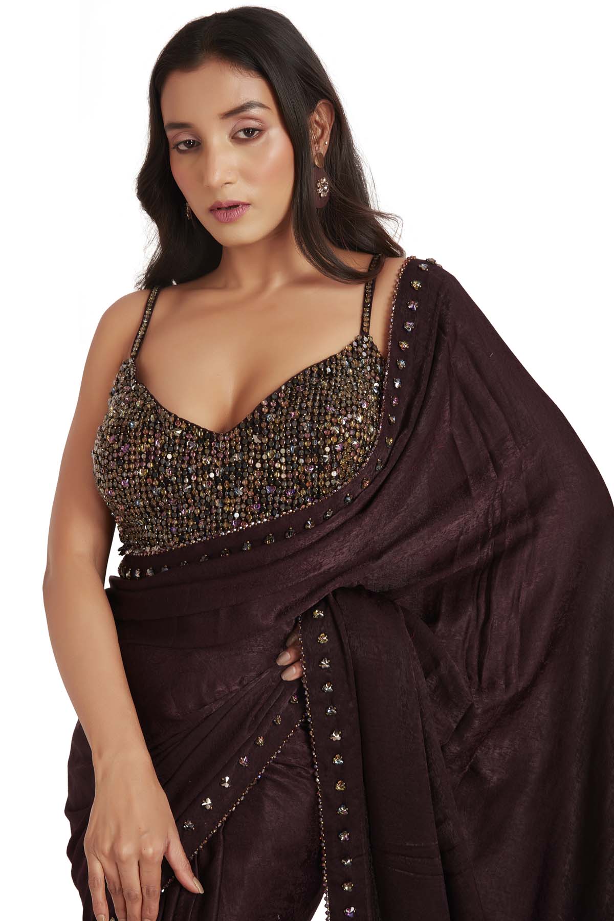 Brown Embroidered Saree & Blouse