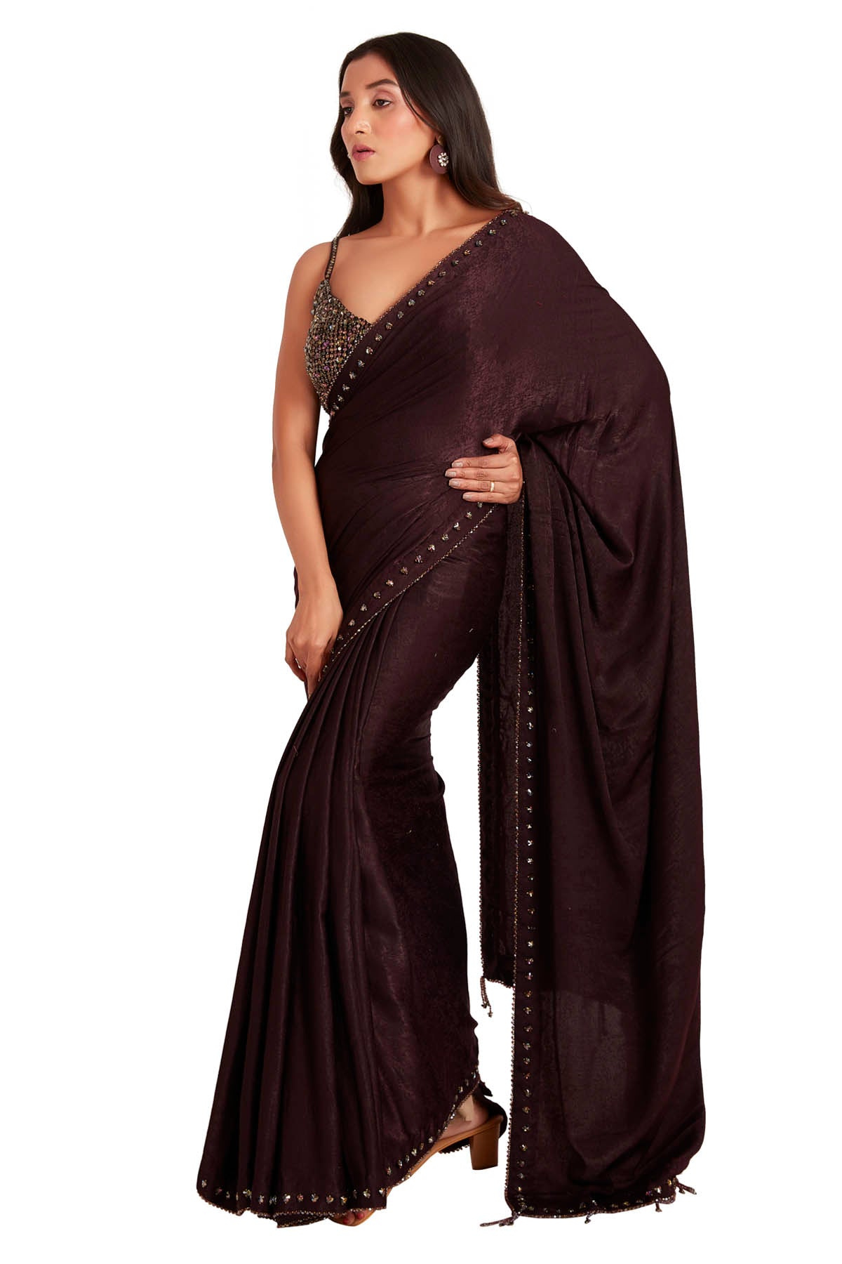 Brown Embroidered Saree & Blouse
