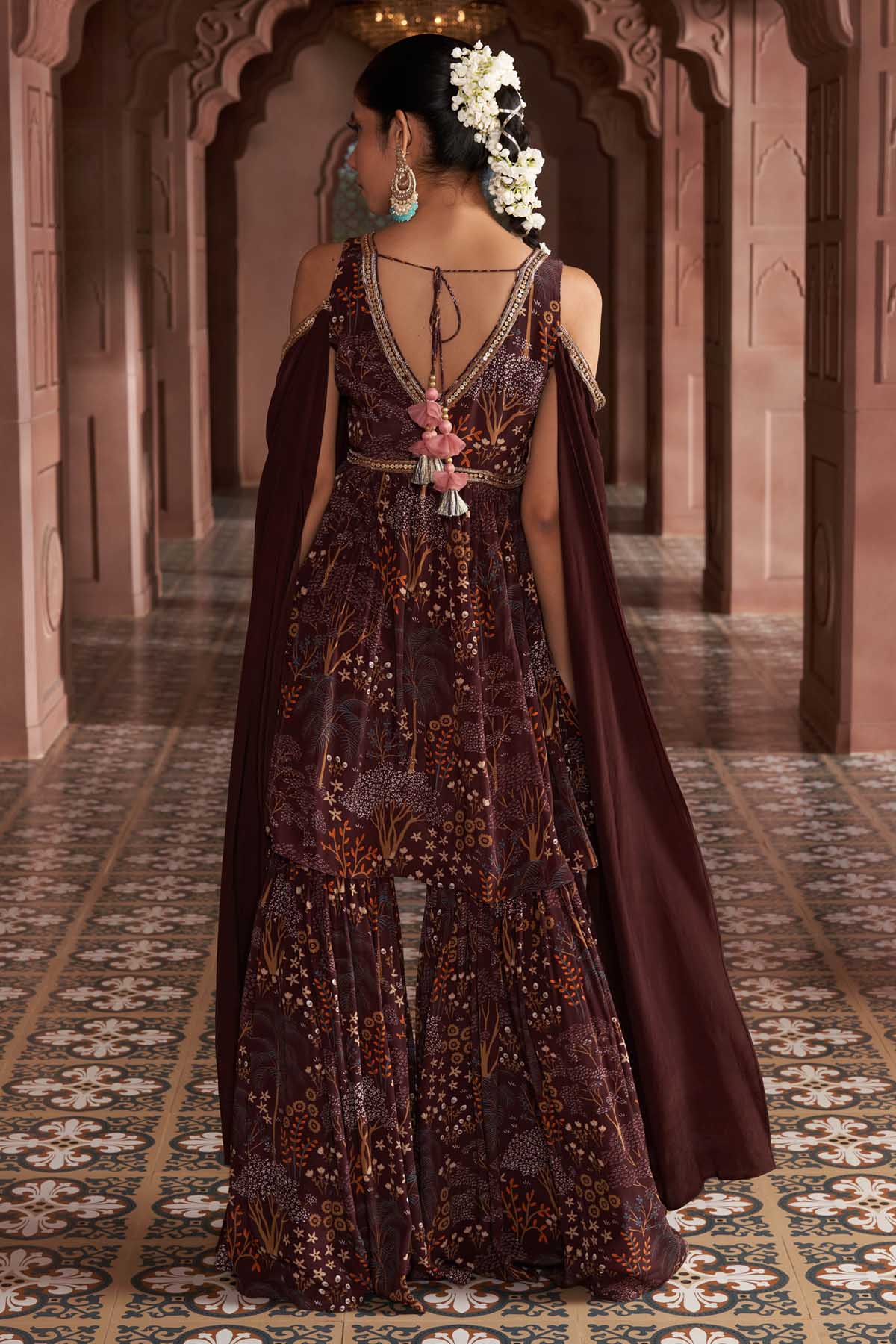 Brown Embroidered Sharara Set