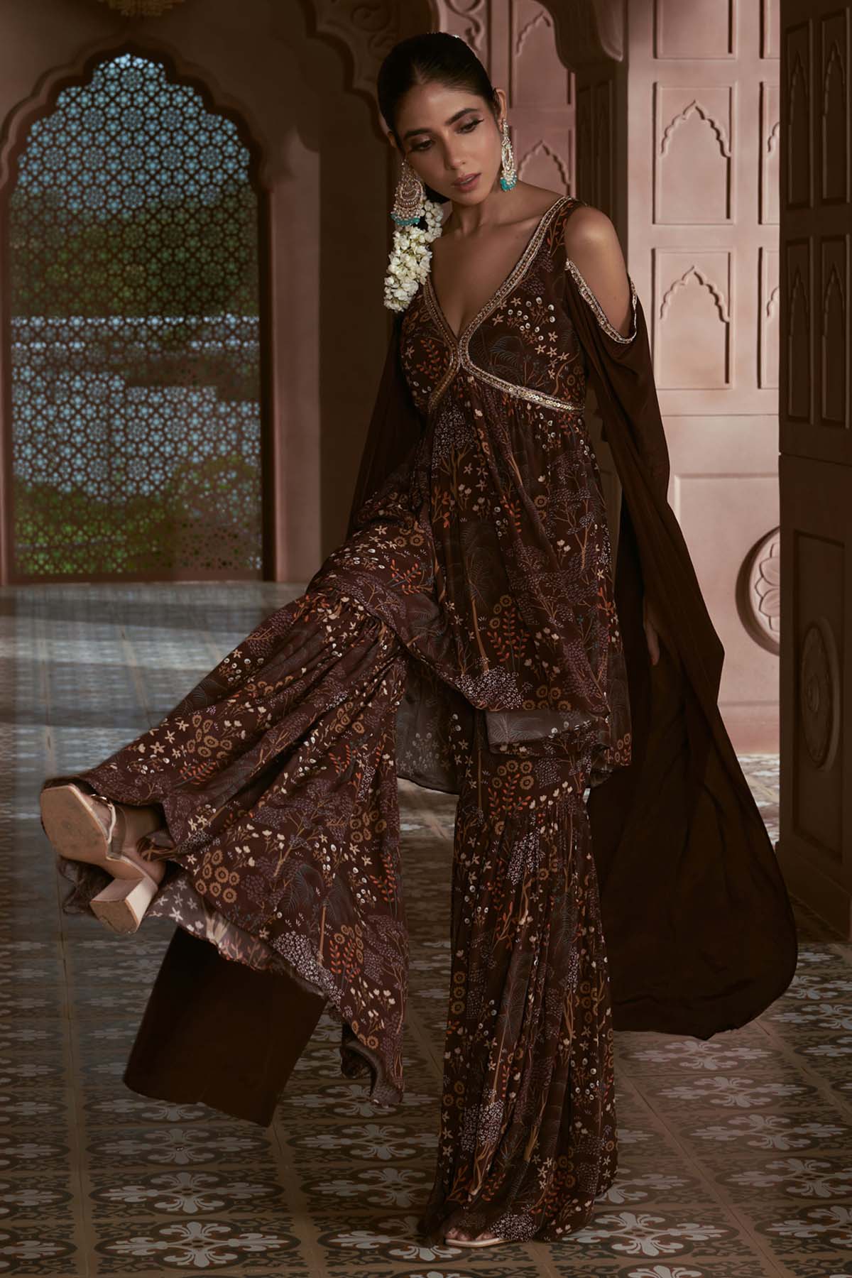 Brown Embroidered Sharara Set