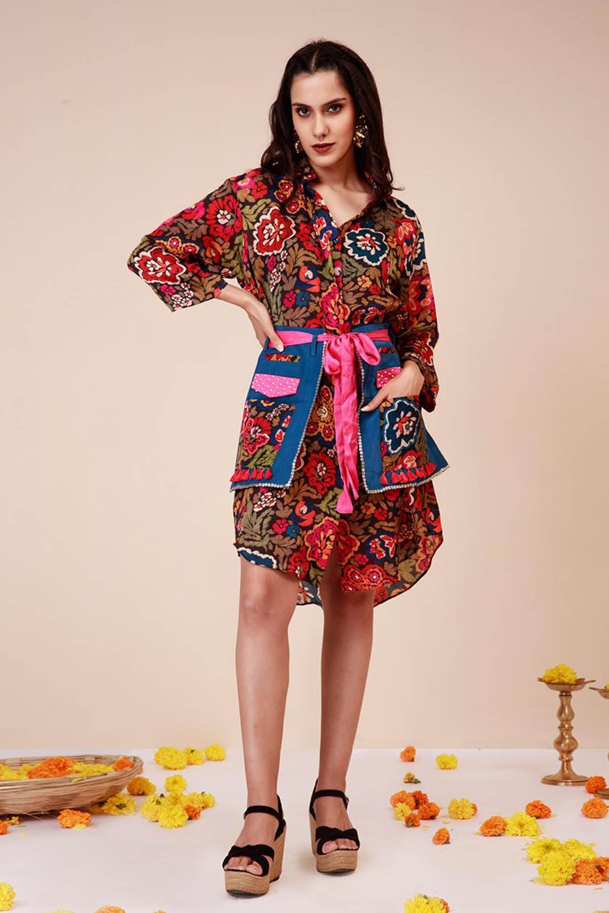 Buy Brown Embroidered Shirt Dress by Niyami for women online at ScrollnShops