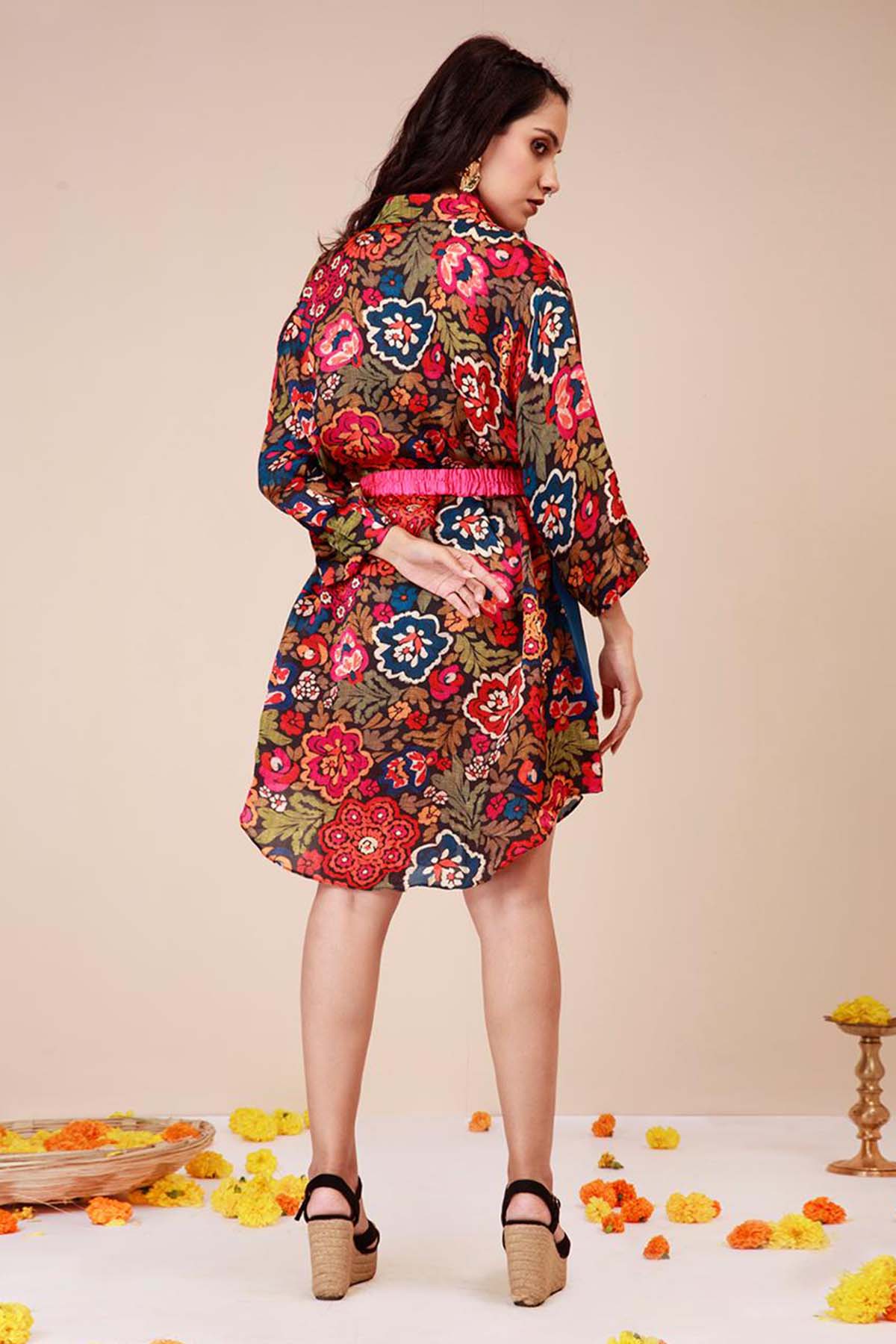 Brown Embroidered Shirt Dress